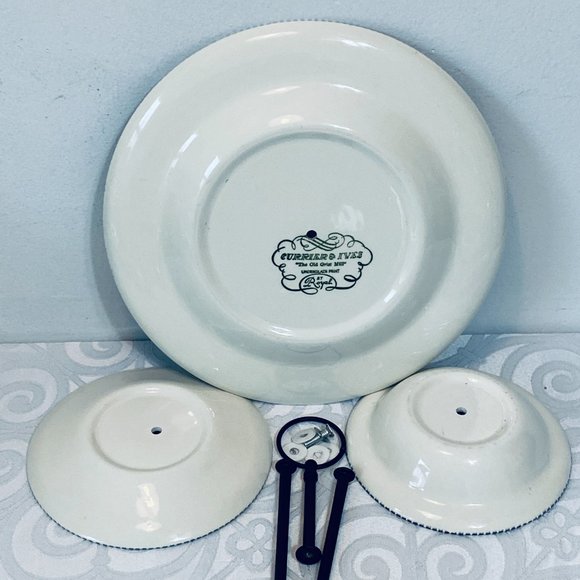 VNTG Currier & Ives 3-Tier Tidbit Tray,10" + 6" Plates/5.75" Bowl NEW Black Hdwe - Picture 9 of 9